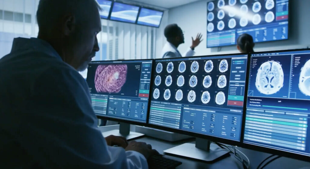 médecin observant des images numériques d'un cerveau sur des écrans d'ordinateur